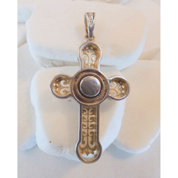 Vtg Sterling Silver Filigree Cross Pendant with Bezel Set Mabe Pearl - Picture 8 of 8